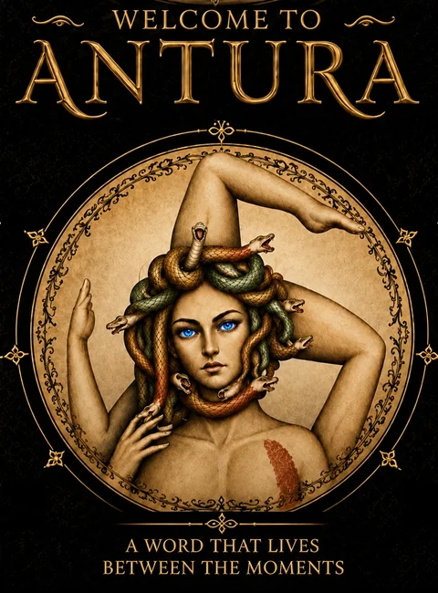 Welcome to ANTURA. A word that lives between the moments — Sicilian Medusa artwork.